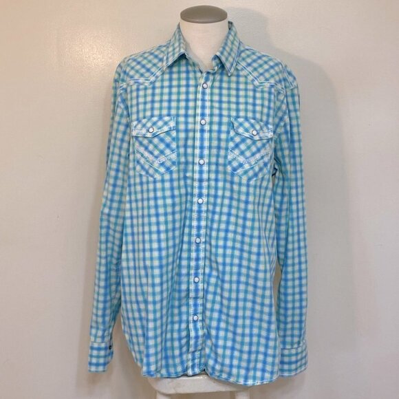 Panhandle Slim Fit Light Blue Yellow plaid Pearl Snap Flip Cuff  XL - Picture 11 of 11